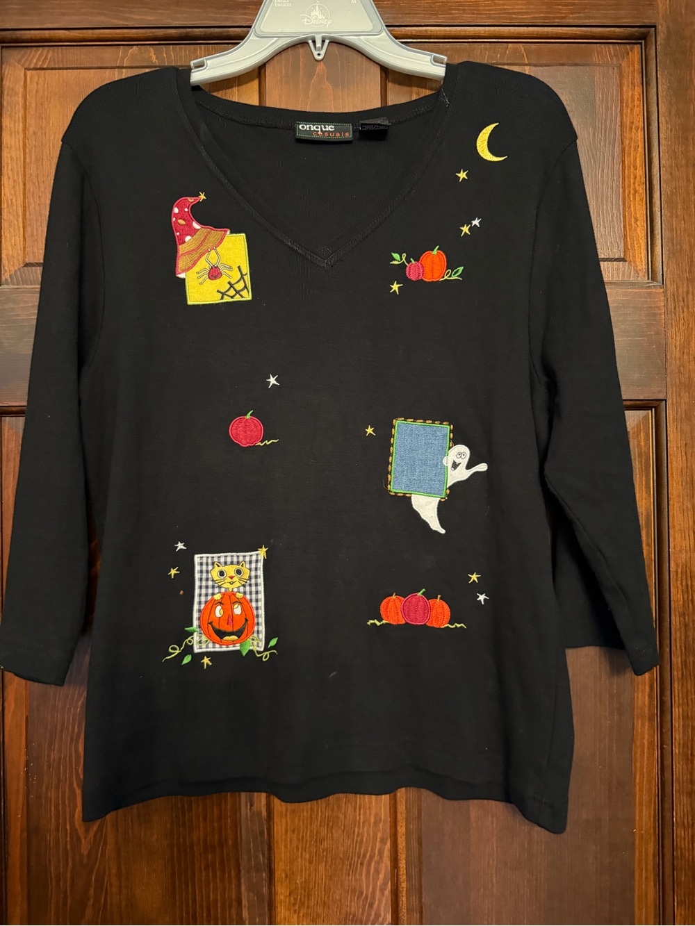 Vintage Onque Casuals Halloween Appliqué Shirt Women’s XL Black Witch Ghost Cat